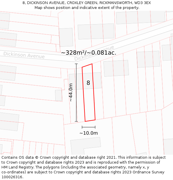 8, DICKINSON AVENUE, CROXLEY GREEN, RICKMANSWORTH, WD3 3EX: Plot and title map