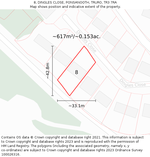 8, DINGLES CLOSE, PONSANOOTH, TRURO, TR3 7RA: Plot and title map