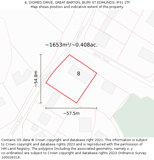 8, DIOMED DRIVE, GREAT BARTON, BURY ST EDMUNDS, IP31 2TF: Plot and title map