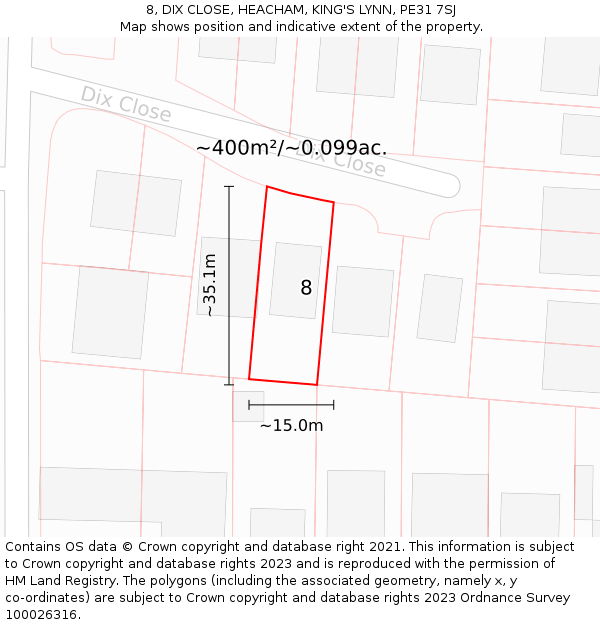 8, DIX CLOSE, HEACHAM, KING'S LYNN, PE31 7SJ: Plot and title map