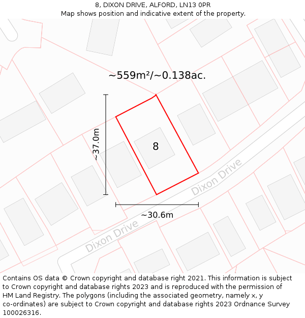 8, DIXON DRIVE, ALFORD, LN13 0PR: Plot and title map