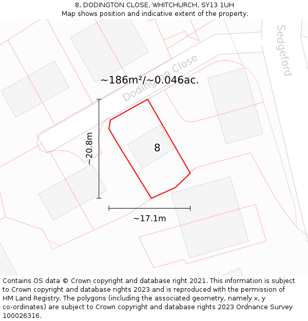 8, DODINGTON CLOSE, WHITCHURCH, SY13 1UH: Plot and title map