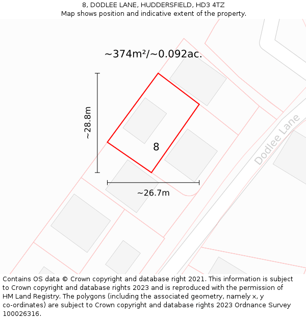 8, DODLEE LANE, HUDDERSFIELD, HD3 4TZ: Plot and title map