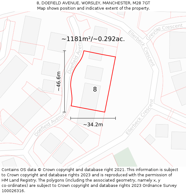 8, DOEFIELD AVENUE, WORSLEY, MANCHESTER, M28 7GT: Plot and title map