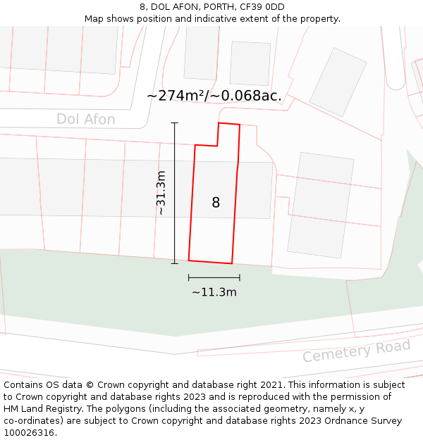 8, DOL AFON, PORTH, CF39 0DD: Plot and title map