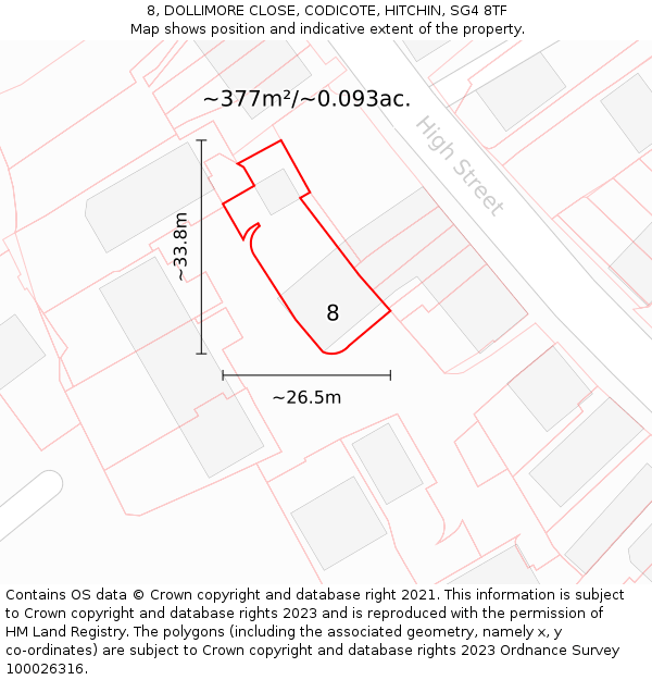 8, DOLLIMORE CLOSE, CODICOTE, HITCHIN, SG4 8TF: Plot and title map