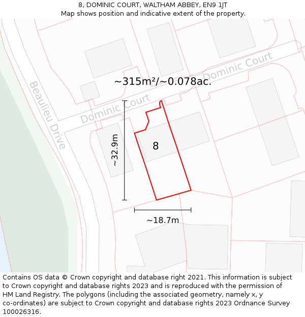 8, DOMINIC COURT, WALTHAM ABBEY, EN9 1JT: Plot and title map