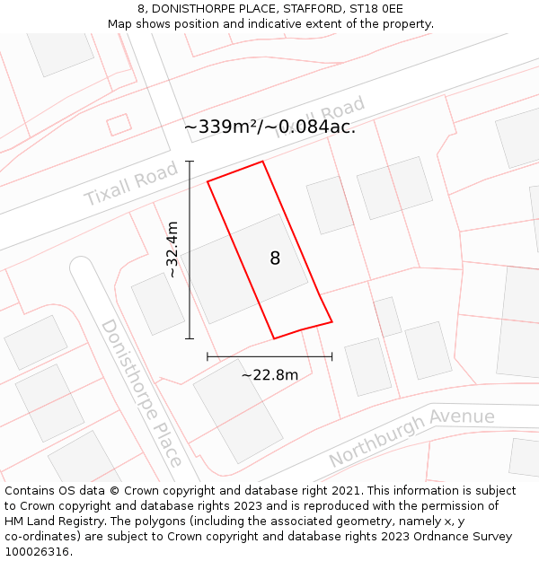 8, DONISTHORPE PLACE, STAFFORD, ST18 0EE: Plot and title map