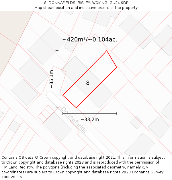 8, DONNAFIELDS, BISLEY, WOKING, GU24 9DP: Plot and title map