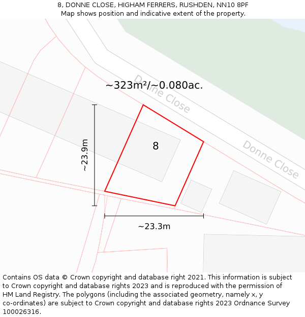 8, DONNE CLOSE, HIGHAM FERRERS, RUSHDEN, NN10 8PF: Plot and title map