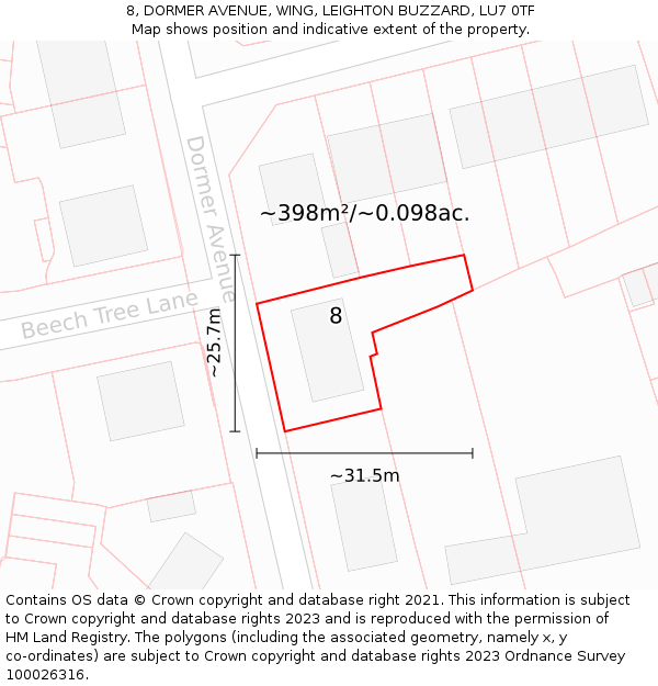 8, DORMER AVENUE, WING, LEIGHTON BUZZARD, LU7 0TF: Plot and title map