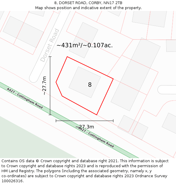 8, DORSET ROAD, CORBY, NN17 2TB: Plot and title map
