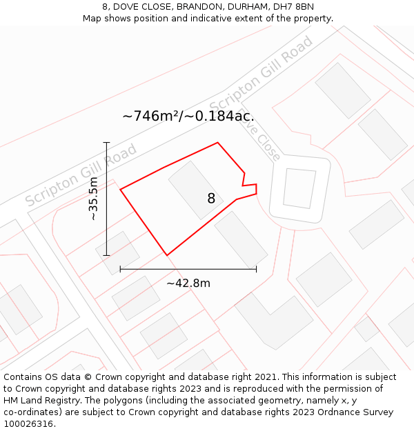 8, DOVE CLOSE, BRANDON, DURHAM, DH7 8BN: Plot and title map