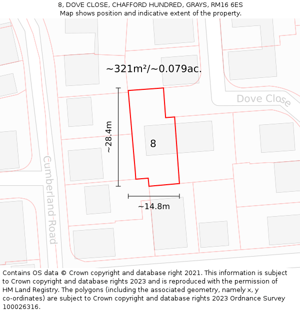 8, DOVE CLOSE, CHAFFORD HUNDRED, GRAYS, RM16 6ES: Plot and title map