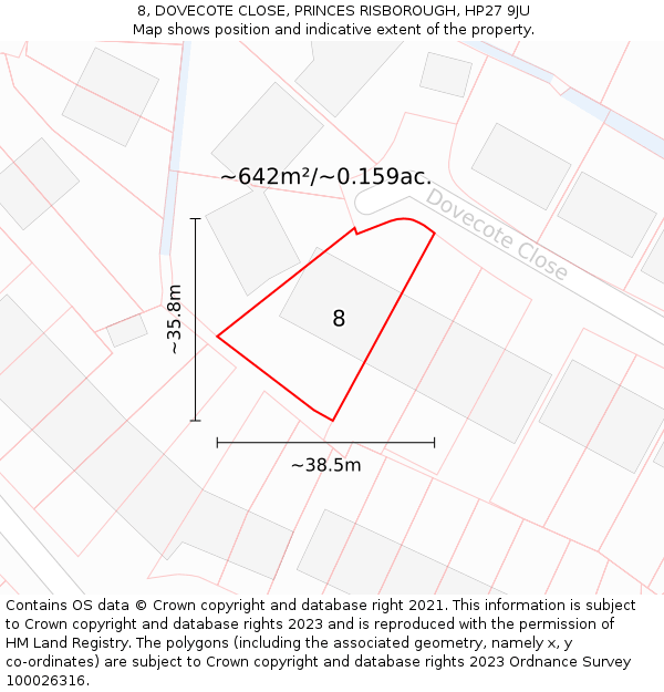 8, DOVECOTE CLOSE, PRINCES RISBOROUGH, HP27 9JU: Plot and title map