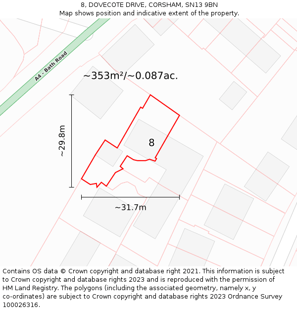 8, DOVECOTE DRIVE, CORSHAM, SN13 9BN: Plot and title map