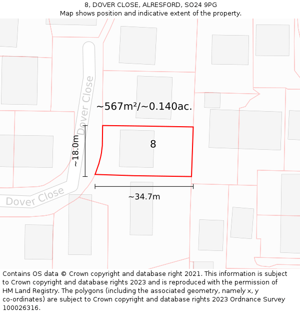 8, DOVER CLOSE, ALRESFORD, SO24 9PG: Plot and title map