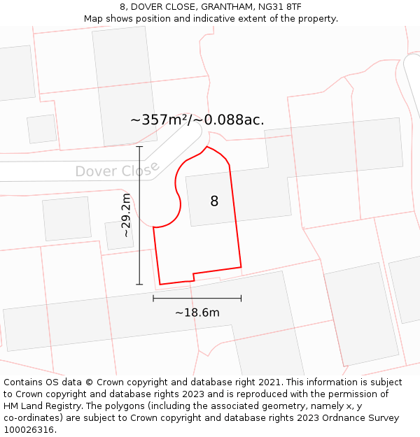8, DOVER CLOSE, GRANTHAM, NG31 8TF: Plot and title map