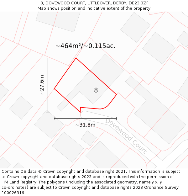 8, DOVEWOOD COURT, LITTLEOVER, DERBY, DE23 3ZF: Plot and title map