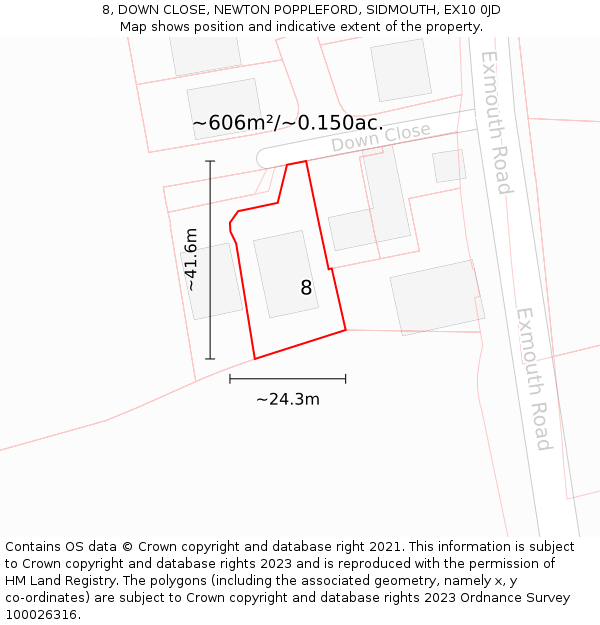 8, DOWN CLOSE, NEWTON POPPLEFORD, SIDMOUTH, EX10 0JD: Plot and title map