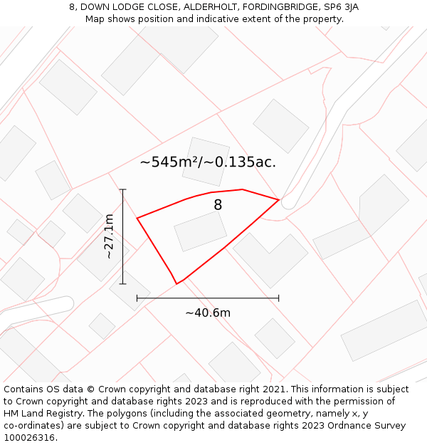 8, DOWN LODGE CLOSE, ALDERHOLT, FORDINGBRIDGE, SP6 3JA: Plot and title map