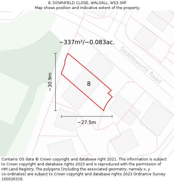 8, DOWNFIELD CLOSE, WALSALL, WS3 3XP: Plot and title map