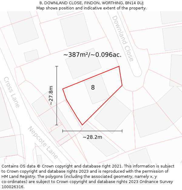 8, DOWNLAND CLOSE, FINDON, WORTHING, BN14 0UJ: Plot and title map