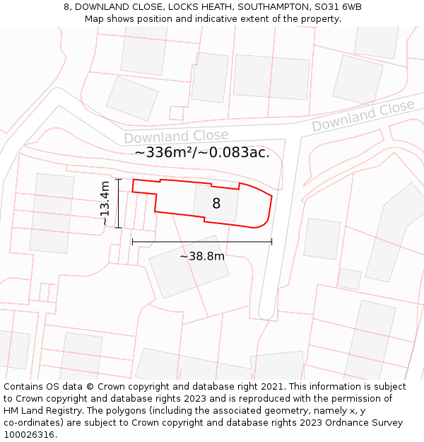 8, DOWNLAND CLOSE, LOCKS HEATH, SOUTHAMPTON, SO31 6WB: Plot and title map