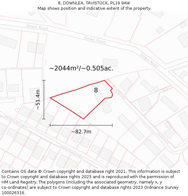 8, DOWNLEA, TAVISTOCK, PL19 9AW: Plot and title map