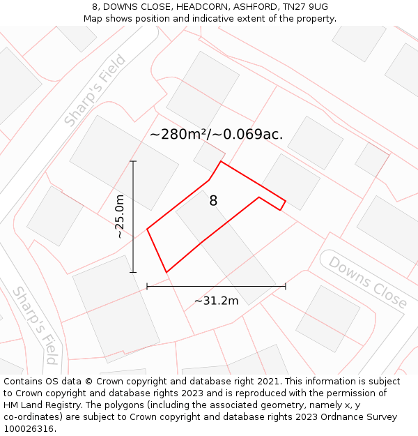 8, DOWNS CLOSE, HEADCORN, ASHFORD, TN27 9UG: Plot and title map