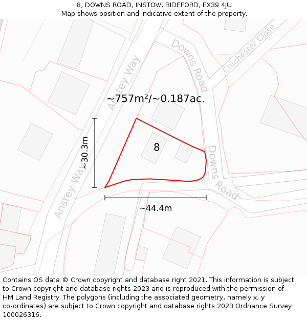 8, DOWNS ROAD, INSTOW, BIDEFORD, EX39 4JU: Plot and title map