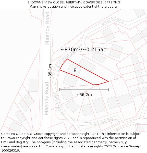 8, DOWNS VIEW CLOSE, ABERTHIN, COWBRIDGE, CF71 7HG: Plot and title map