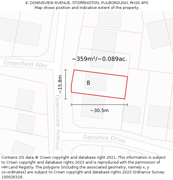 8, DOWNSVIEW AVENUE, STORRINGTON, PULBOROUGH, RH20 4PS: Plot and title map