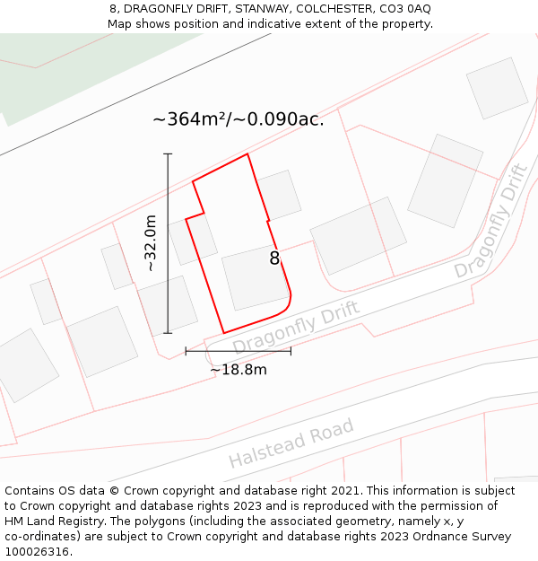 8, DRAGONFLY DRIFT, STANWAY, COLCHESTER, CO3 0AQ: Plot and title map