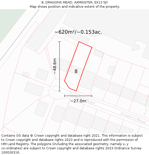 8, DRAGONS MEAD, AXMINSTER, EX13 5JY: Plot and title map