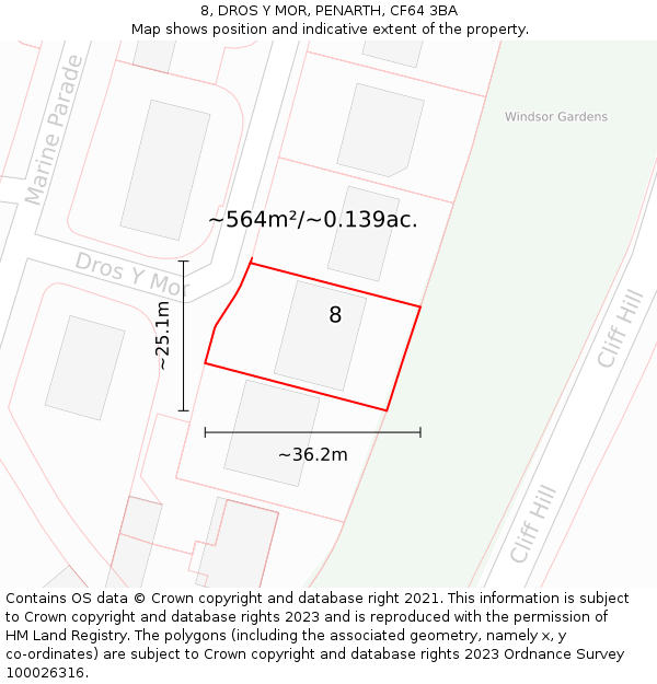 8, DROS Y MOR, PENARTH, CF64 3BA: Plot and title map
