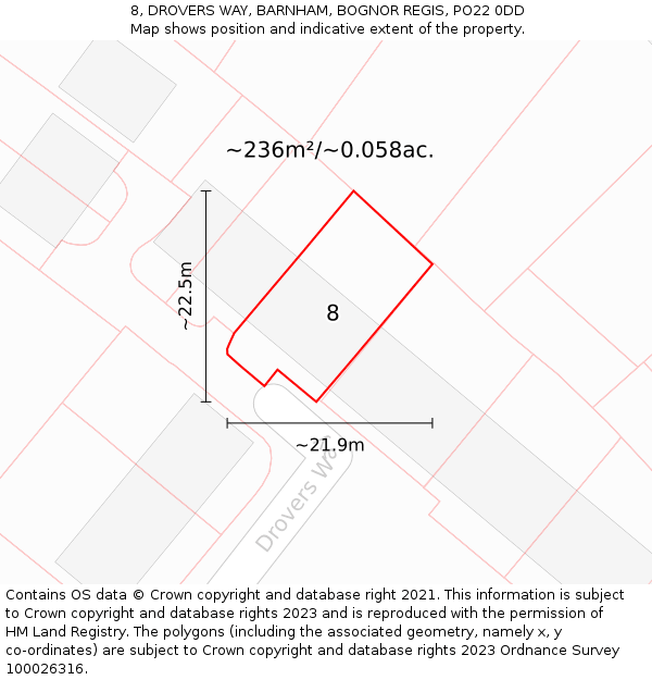 8, DROVERS WAY, BARNHAM, BOGNOR REGIS, PO22 0DD: Plot and title map
