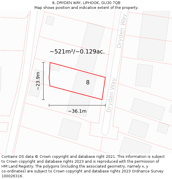 8, DRYDEN WAY, LIPHOOK, GU30 7QB: Plot and title map