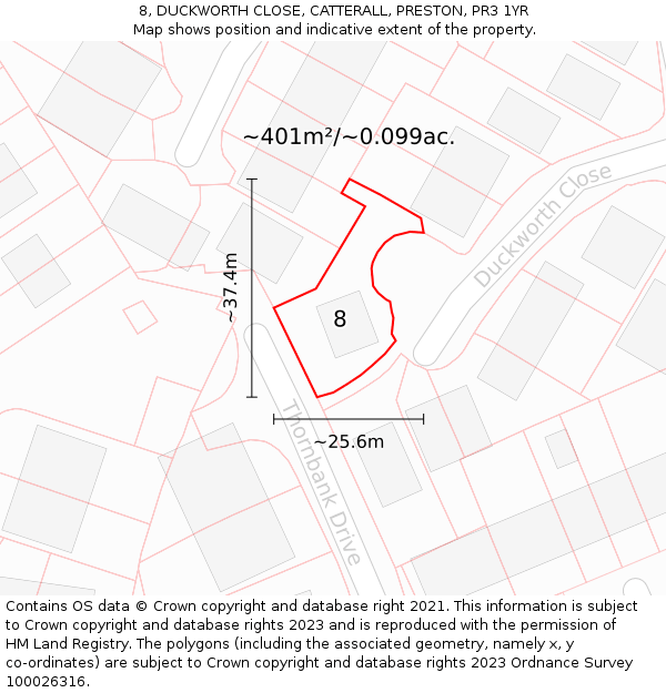 8, DUCKWORTH CLOSE, CATTERALL, PRESTON, PR3 1YR: Plot and title map