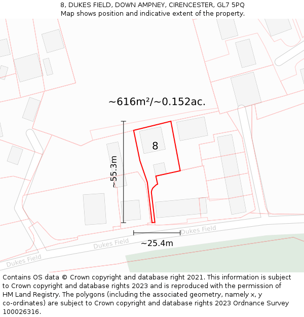 8, DUKES FIELD, DOWN AMPNEY, CIRENCESTER, GL7 5PQ: Plot and title map