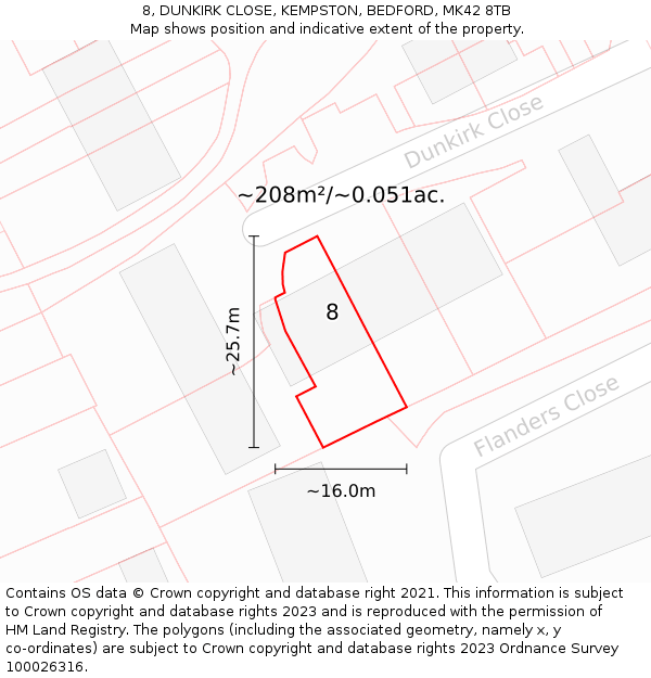 8, DUNKIRK CLOSE, KEMPSTON, BEDFORD, MK42 8TB: Plot and title map