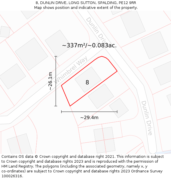 8, DUNLIN DRIVE, LONG SUTTON, SPALDING, PE12 9RR: Plot and title map