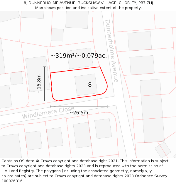 8, DUNNERHOLME AVENUE, BUCKSHAW VILLAGE, CHORLEY, PR7 7HJ: Plot and title map