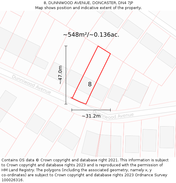 8, DUNNIWOOD AVENUE, DONCASTER, DN4 7JP: Plot and title map