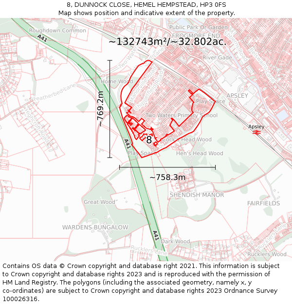 8, DUNNOCK CLOSE, HEMEL HEMPSTEAD, HP3 0FS: Plot and title map