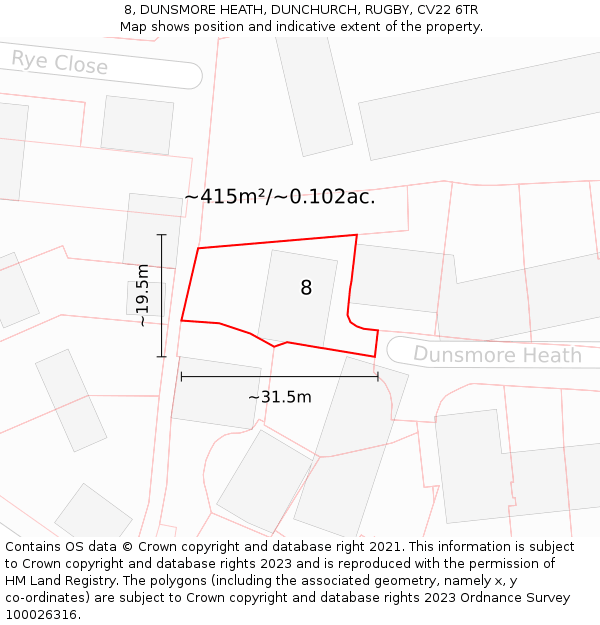8, DUNSMORE HEATH, DUNCHURCH, RUGBY, CV22 6TR: Plot and title map