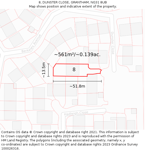 8, DUNSTER CLOSE, GRANTHAM, NG31 8UB: Plot and title map
