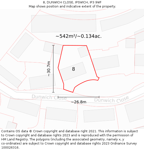 8, DUNWICH CLOSE, IPSWICH, IP3 9WF: Plot and title map