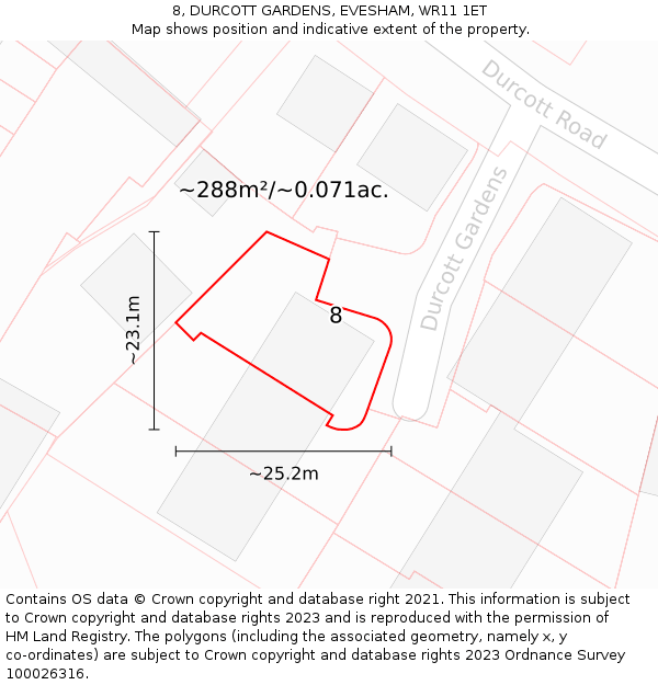 8, DURCOTT GARDENS, EVESHAM, WR11 1ET: Plot and title map