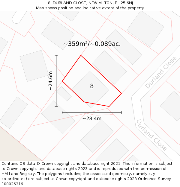 8, DURLAND CLOSE, NEW MILTON, BH25 6NJ: Plot and title map
